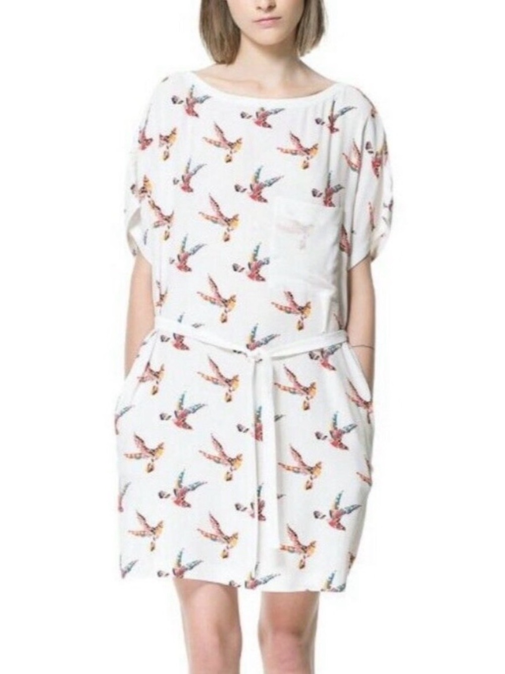 Zara Basic White Tropical Bird Print Dress Chiffon pocket & belt - size medium